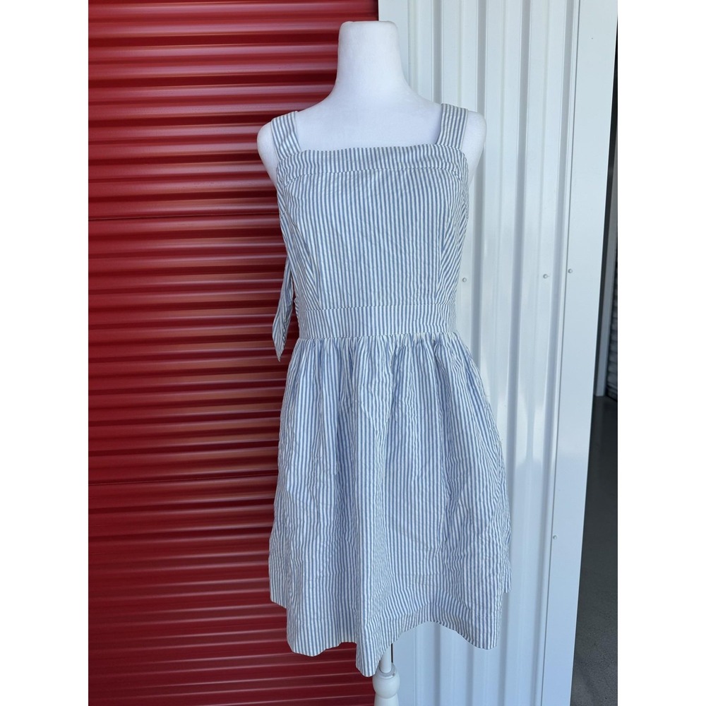 J.Crew Seer Sucker Apron Dress Womens M Blue Stripe Fit Flare Backless Tie Bow